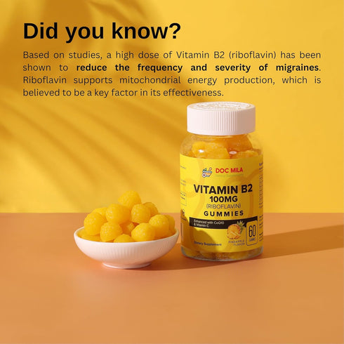 Vitamin B2 Gummies for Adults and Kids - 100mg Riboflavin with CoQ10 and Vitamin C for Migraine Relief, Pineapple Flavor