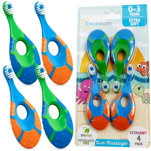 Trueocity Baby Toddler Toothbrush 4 Pack, Soft Bristles, Teething Finger Handle for 0-2 Years - BPA Free (Blue, Green,