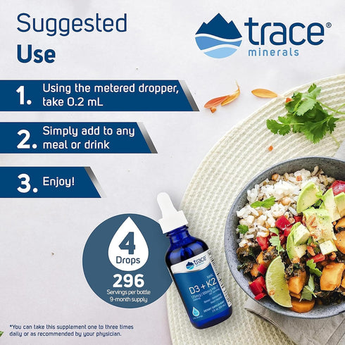 Trace Minerals Liquid Ionic Vitamin D3 + K2 - 125 mcg D3, 100 mcg K2 Concentrated Dietary Supplement (2 fl oz, 296
