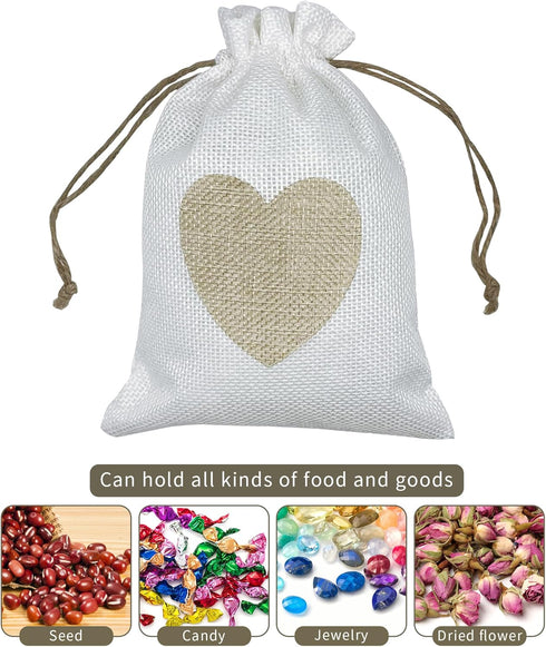 Jexila 24PCS Burlap Drawstring Gift Bags, 5X7 Inches Heart Print Linen for Jewelry, Candy Goodie Pouches, DIY Craft