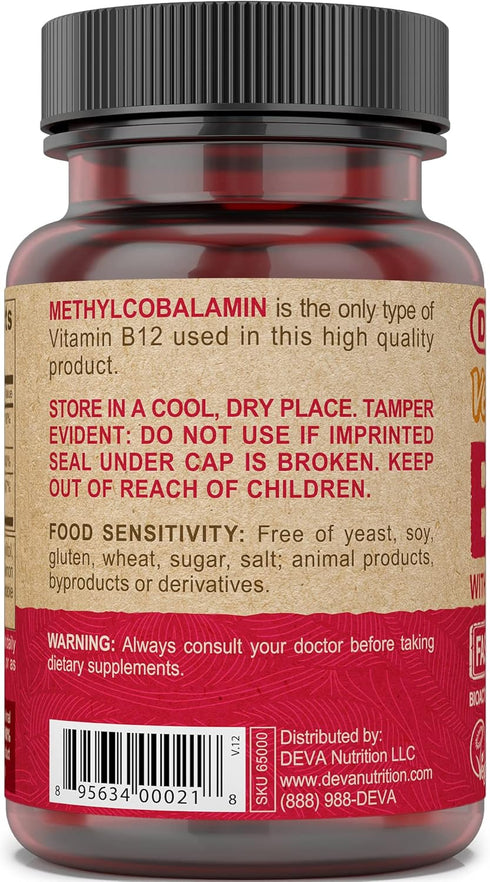 DEVA Vegan Vitamin B12 Fast Dissolve Supplement - 1000 Mcg, Lemon Flavor, 90 Tablets