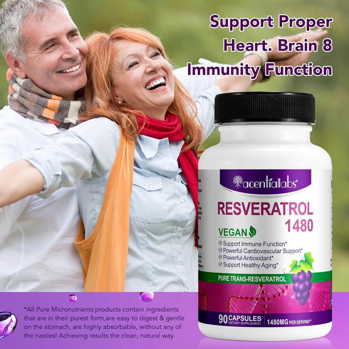 Resveratrol 1,480MG with Quercetin - 90 Vegan Capsules for Healthy Aging, Immune System, Cardiovascular & Joint Support
