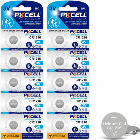PKCELL 10 Pack CR1216 Watch Battery CR1216 3V Lithium Coin Cell Battery