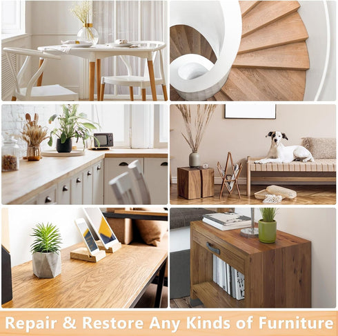 Wood Furniture Repair Kit, 6 Oak Color Wood Fillers with 6 Touch Up Markers and Polish Wax for Wooden Stains