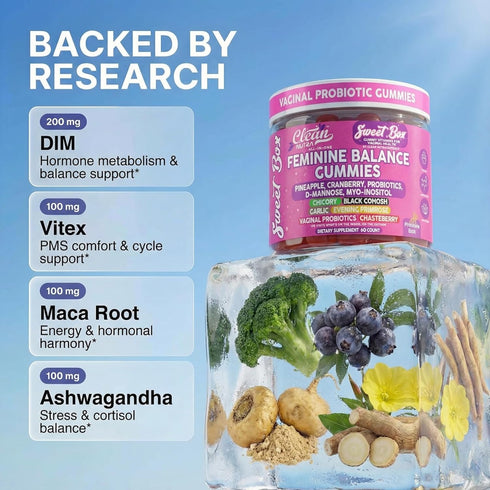 Gummies 60ct Clean Nutra Feminine Balance for Women Pineapple VaginalProbiotics pH Balance Cranberry D Mannose