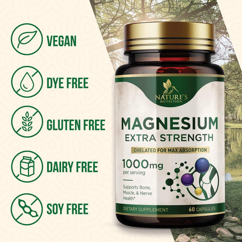 Magnesium Pills Extra Strength 1000mg | 60 Capsules | Chelated for Ultra Absorption | Non-GMO Supplement for Bone,