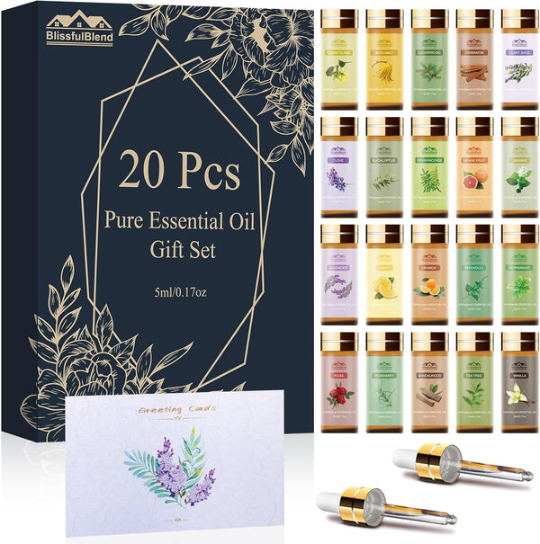 Pure Essential Oil Set - 20 Pcs for Oil Diffuser, Candle Making, Home, Skin Care, Aromatherapy - Tea Tree, Lavender,