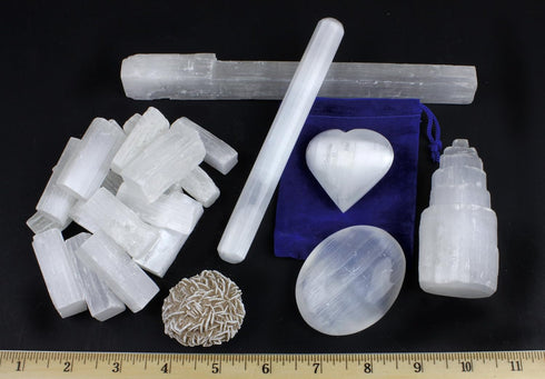 DANCING BEAR Selenite Protection Collection (22 pc Set): 12-15 Sticks (1.5-2”), Palm Stone, Heart, Tower, 8" Stick,