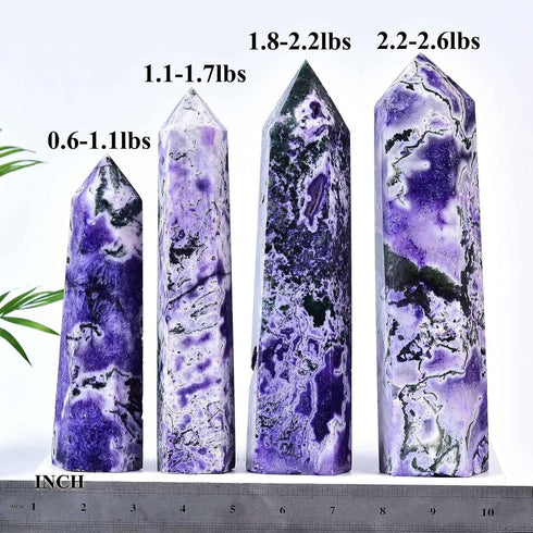 AMOYSTONE Purple Moss Agate Stone Tower - Obelisk Healing Crystal Rock Point Wand, Reiki Healing Gifts, 1.1-1.7 LBS