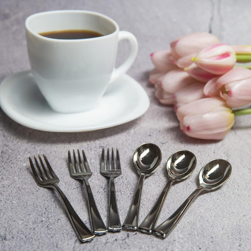 Premium Mini Disposable Silver Plastic Spoons and Forks Set, 40 Piece Bundle for Dessert and Appetizers, Tiny Cocktail