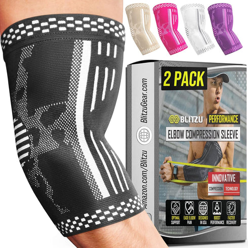 BLITZU 2 Pack Elbow Brace Support - Elbow Compression Sleeve for Golfer's, Tennis Elbow, Arthritis, Bursitis Treatment