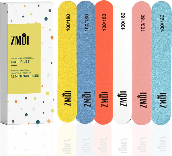 Professional Mini Nail File – 12 Stylish Fingernail File Pack for Natural and Acrylic Nails 100/180 Emery Boards