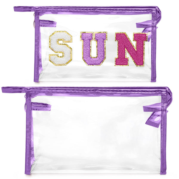 Y1tvei Clear SUN Makeup Bag - 2Pcs Preppy Purple Chenille Varsity Letter Cosmetic Bag, Waterproof Beach Travel Pouch