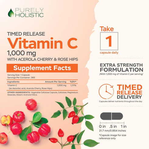 Purely Holistic Vitamin C 1000mg - 365 Capsules, 12 Month Supply, Timed Release with Rosehip & Acerola Cherry