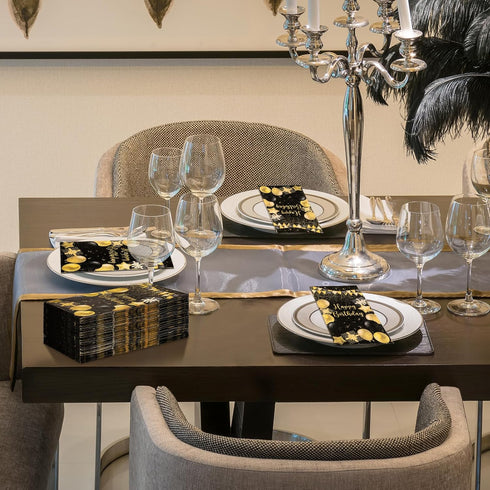 Zonon 200 Pcs Happy Birthday Guest Napkins Black and Gold Themed Disposable Party Napkins Balloon Disposable Hand