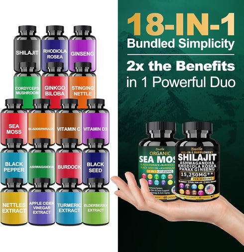 Sea Moss and Shilajit Bundle, 60 Count with Sea Moss, Black Seed Oil, Ashwagandha, Ginger & Shilajit, 2 Pack