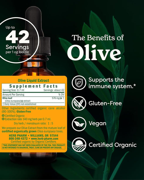 Herb Pharm Olive Leaf Liquid Extract, Certified Organic, 1 Ounce for Immune Support