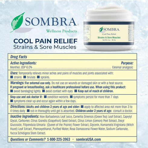 Sombra 2oz Jar Cool Pain Relief Gel - Vegan Formula for Swelling, Soreness, Post-Workout, 2 Pack