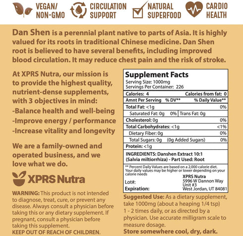 XPRS Nutra Dan Shen Root Extract Powder 10:1 - Premium Vegan Friendly Danshen Concentrated Powder (8 oz)
