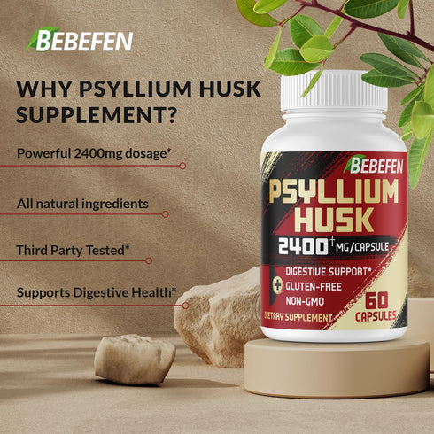 BEBEFEN Psyllium Husk Capsules 2400mg with Black Pepper - 2 Month Supply, Non-GMO, Gluten-Free Daily Fiber