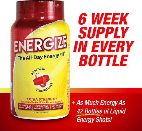 Energize Extra Strength Caffeine Pills - Fast Acting Energy Support for Men & Women (60 Tablets)