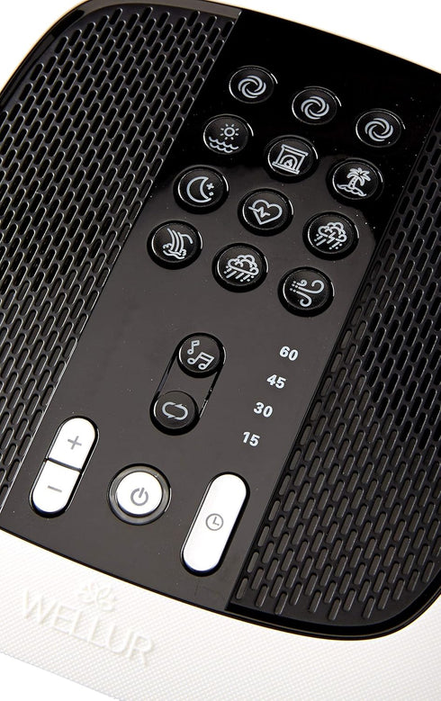 WELLUR 3.5mm 2.1A - Stereo Sound White Noise and Natural Sound Sleep Machine with Relaxing Spa Music. Dual Build