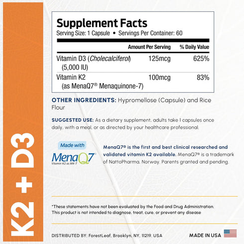 ForestLeaf Vitamin D3 + K2 (MK7) Supplement, 5000 IU Max Absorption, 60 Veggie Capsules for Bone Health