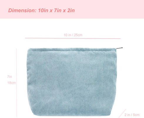 Large Zipper Corduroy Makeup Bag for Women, Travel Canvas Cosmetic Organizer, Brush Storage, Blue