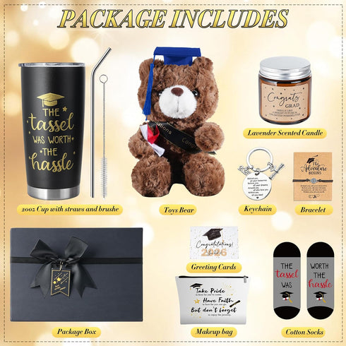 KEASKELL 2026 Set, 2026 Set 20 Oz Graduation Gifts Box Class of Graduation Gift with Tumbler, Black Blue Plush Bear