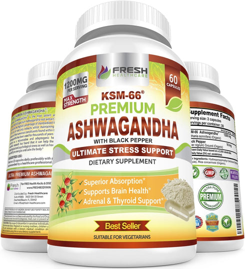 FRESH HEALTHCARE Ashwagandha Capsules KSM-66, 1200mg Pure Root Extract, 60 Vegan Capsules