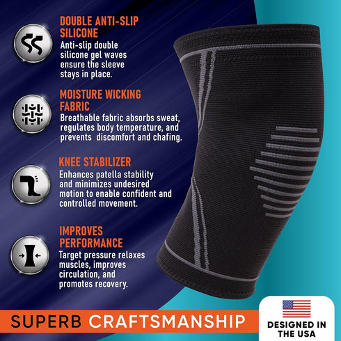 Knee Brace for Pain Relief, 2 Pack Compression Sleeves for Men and Women, Support for Weightlifting, Gym, Workout,