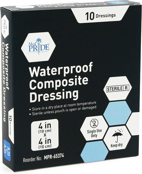 MED PRIDE Sterile Waterproof Foam Composite Dressing Pads, 4x4 Inch (Pack of 10) for Shower, Surgery, Pressure Ulcers,