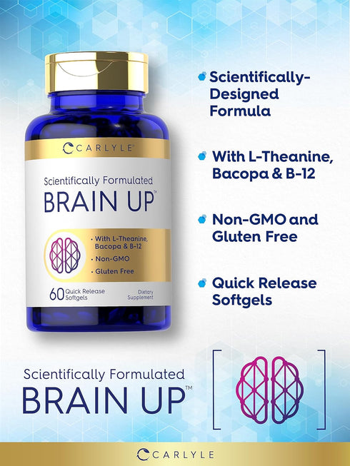 Carlyle Brain Up Supplement | 60 Softgels | with L-Theanine, Bacopa & B-12 | Non-GMO, Gluten Free