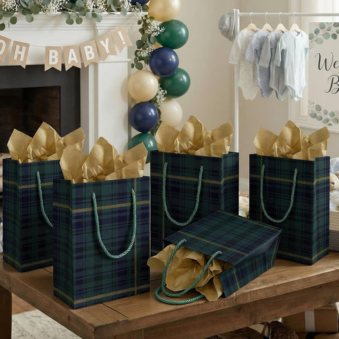 YooNotee 24 Pcs Green Blue Tartan Plaid Gift Boxes Retro Tartan Wrapping Cardboard Paper Bags Scottish Holiday Party