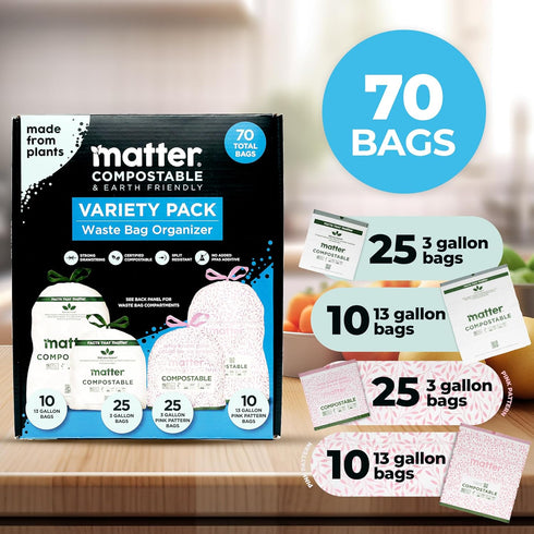Pack 3 13 70 Count Matter Compostable Variety Gallon and Gallon Kitchen Trash Bags with Drawstring, Unscented, Durable