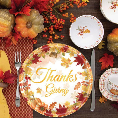 mdgfge 24Pcs (9 inch) Thanksgiving Paper Plates, Autumn Maple Leaf with Pumpkin Disposable Dessert Plates Tableware