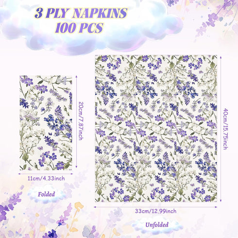 Homlouue 100PCS 3 Purple Lavender Floral Napkins, Ply Disposable Hand Towels for Bathroom, Floral Paper Napkins