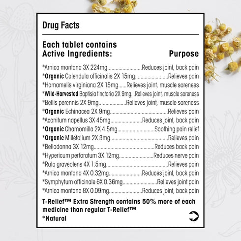 T-Relief Extra Strength Pain Relief Arnica +12 Natural Relieving Actives for Back Pain Joint Soreness Muscle Aches & Stiffness, Whole Body Fast-Acting Relief for Women & Men - 100 Tablets