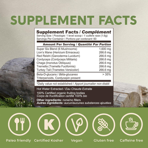 Longevity Botanicals 6 Mushroom Supplement Blend, Organic Mushroom Complex Powder, 100% Fruiting Body, 3.5 oz