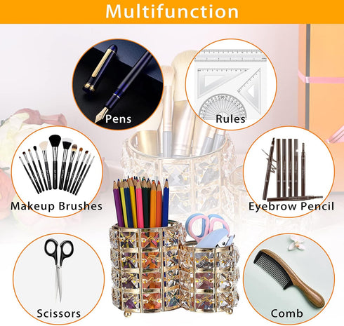 Hipiwe Makeup Brush Holder, Gold Bling Crystal Organizer for Brushes, Remote Control, and Cosmetic Tools, 2-Slot