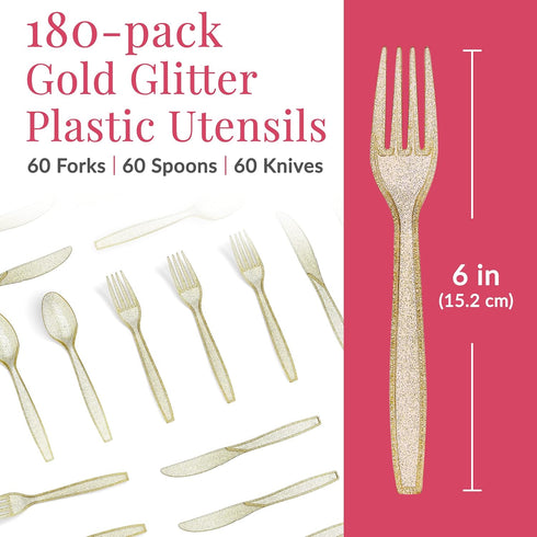 Prestee 180 Gold Plastic Silverware Cutlery Set, Glitter Gold Utensils, Plastic Cutlery Set, Disposable Silverware Flatware Set, 60 Gold Forks, 60 Gold Spoons, 60 Gold Knives, Fancy Party Utensils by Prestee
