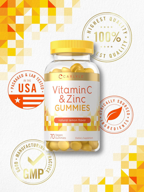 Carlyle Vitamin C and Zinc Gummies, 70 Count, Vegan, Non-GMO, Gluten Free Supplement, Lemon Flavor