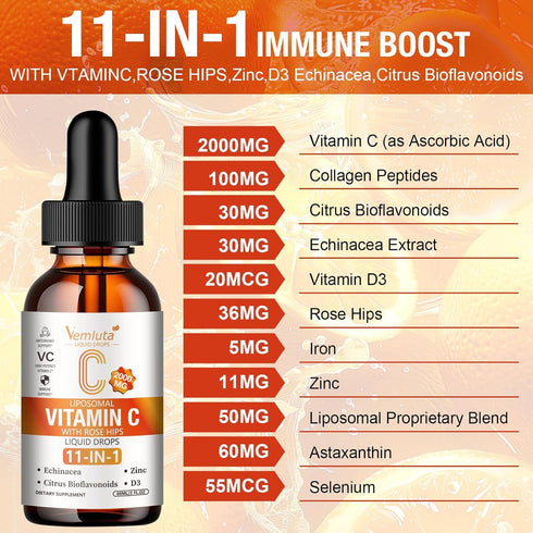 Vemluta 2 Packs 2000mg D3 Immune Antioxidant,4 Oz Liposomal Vitamin C Liquid Drop, High Absorption VC Complex Rose Hips