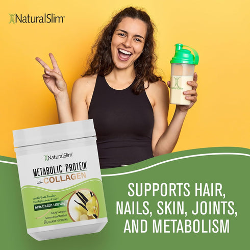 NaturalSlim Metabolic Protein Powder with Collagen Vanilla - Low Carb Meal Replacement Shake Mix - 17.6 oz for Hair,