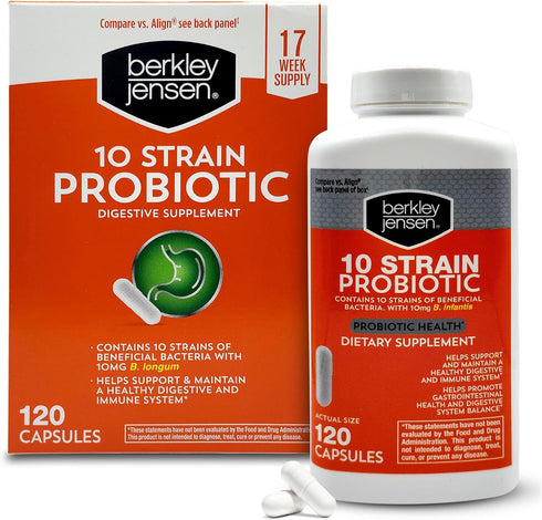 Berkley Jensen Natural 10 Strain Probiotic Supplement, 120 Ct, 10mg B. Longum, Loaded with Live Strains