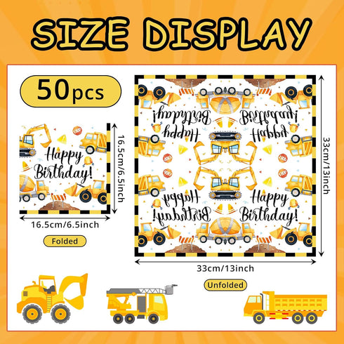 Herytem 50 Count 13 13 Inch 2-Ply Construction Birthday Napkins x Disposable Lunch Napkins with Excavator, Truck