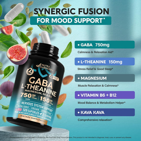 GABA L-Theanine 900 mg, Made in USA, Magnesium, Vitamin B6, Calm, Sleep, Relaxation & Mood Support, 120 Capsules