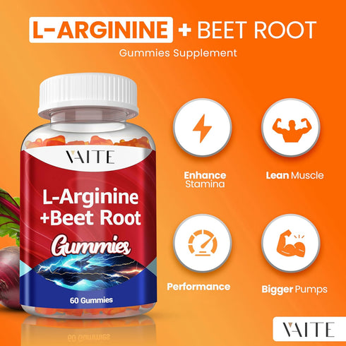 L Arginine 1000mg Supplement, Beet Root Gummies - Double Strength, Energy Boost, Circulation Support and Stamina,