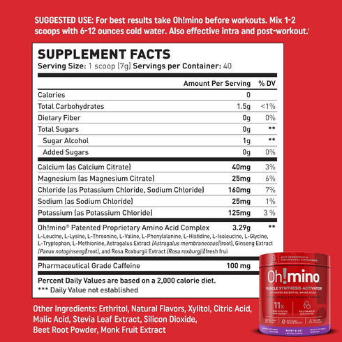 Oh!mino Amino Acid Energy Blend - Pre-Post Workout Powder, BCAA Amino Acids, 280 g, 40 Servings, Caffeinated Berry Blast