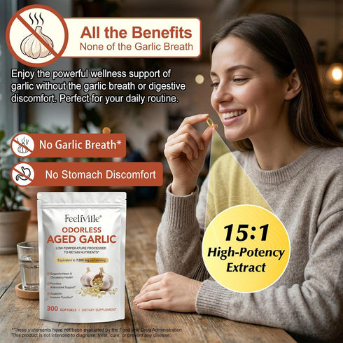 Zyloqj 7500mg 300 Immune Aged Garlic Extract Capsules, Odorless Garlic Capsules Softgels - Heart & Support